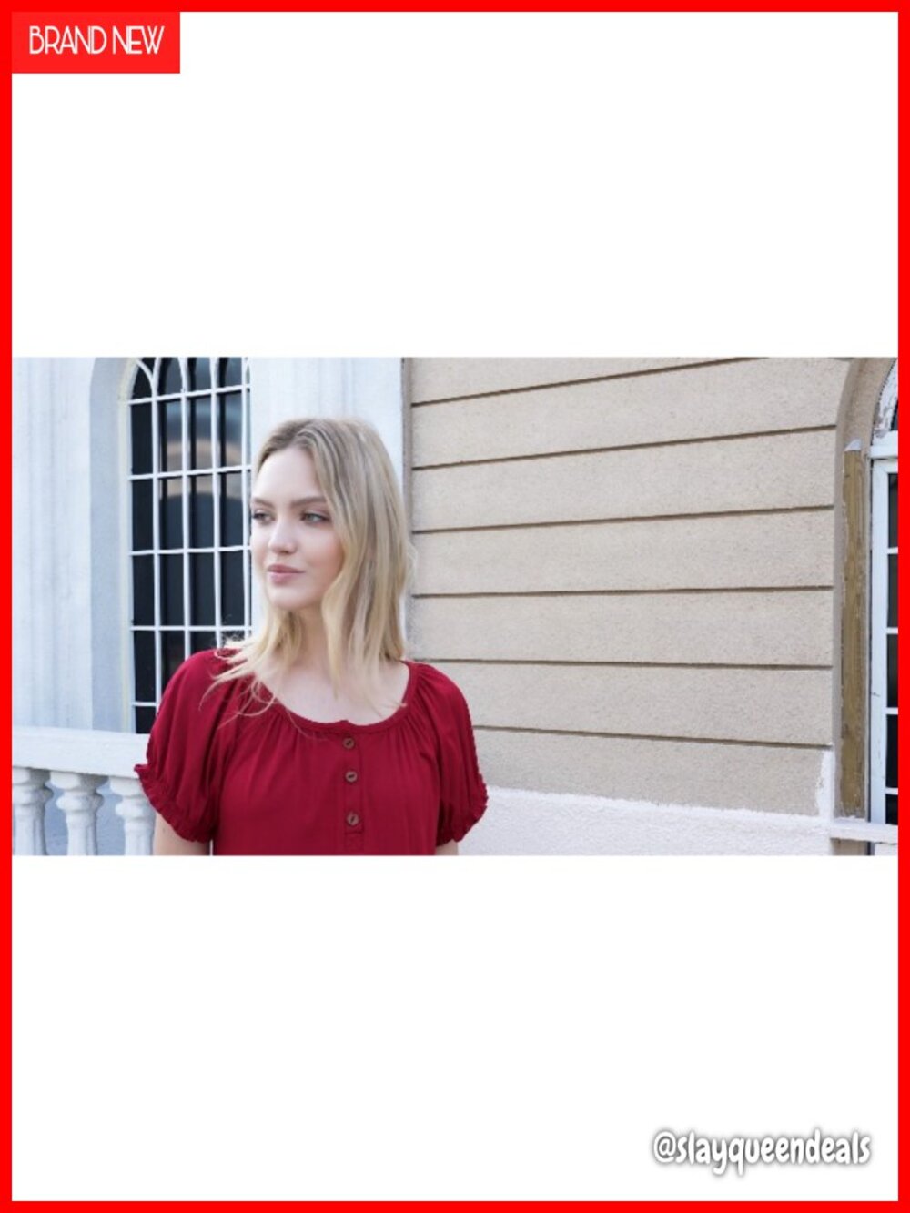 Puff Sleeve Henley Blouse - Loose Fit Short Sleeve Tee with Ruffle Cuff - Picture 6 of 6